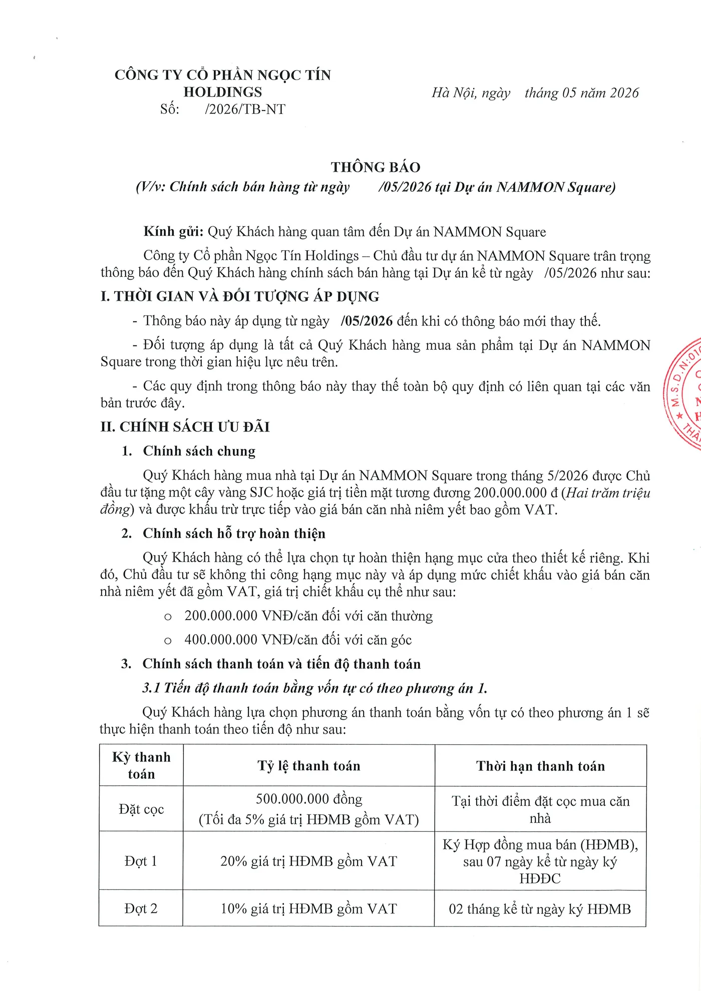 Thông báo chính sách bán hàng dự án NAMMON Square của Ngọc Tín Holdings, trang 1