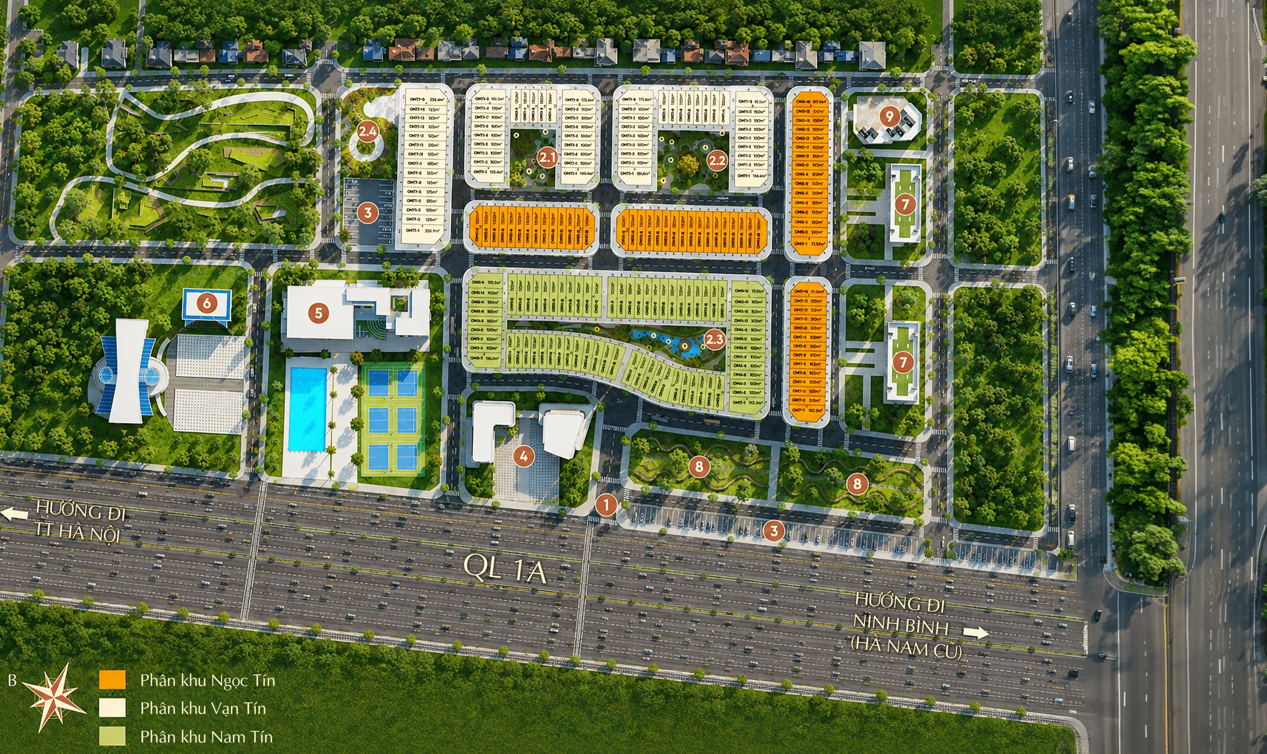 Sơ đồ mặt bằng phân lô minh họa dự án NAMMON Square nhìn từ trên cao, thể hiện ranh giới 3 phân khu Ngọc Tín, Vạn Tín, Nam Tín dọc trục Quốc lộ 1A