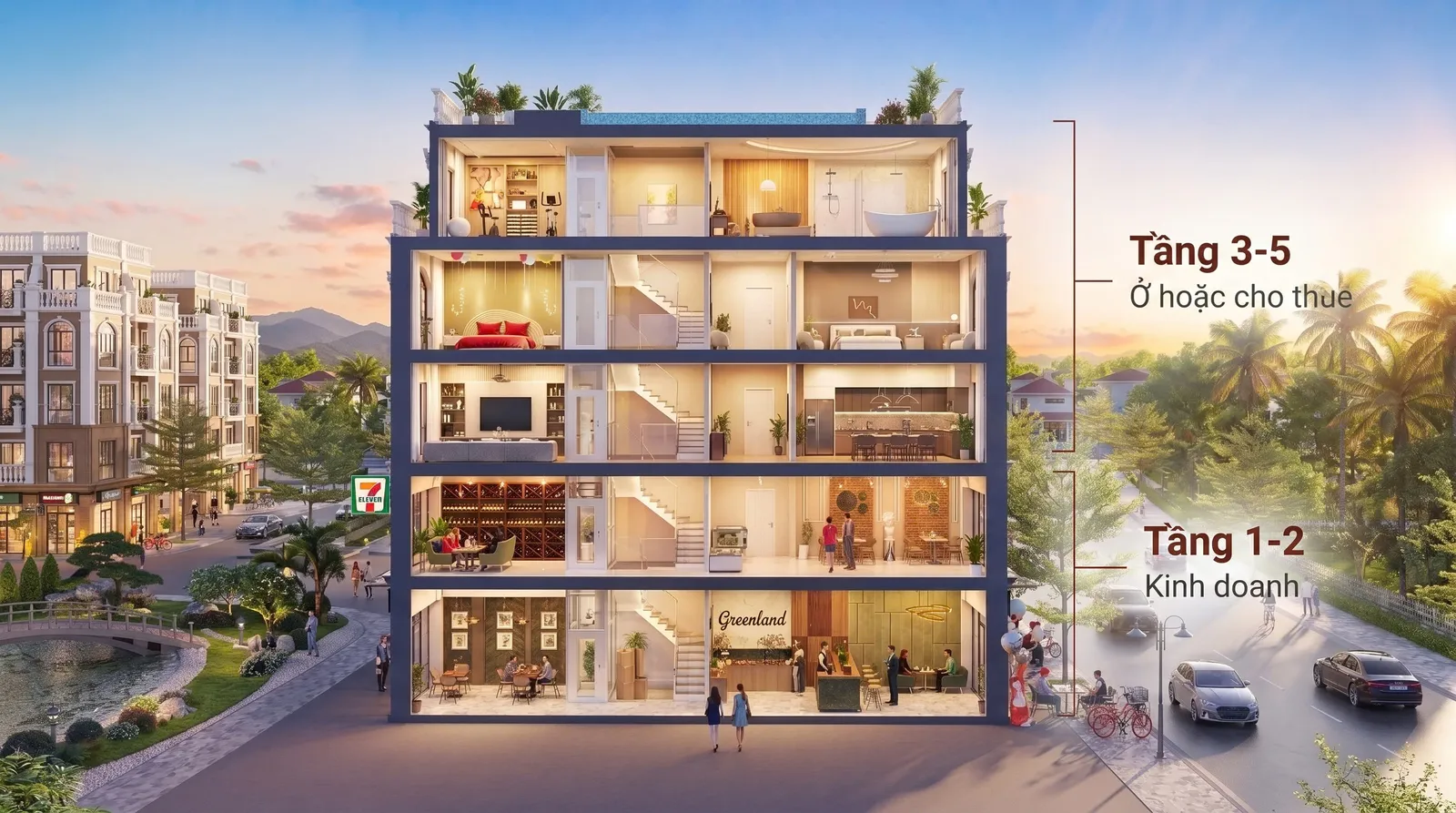 Phối cảnh minh họa mặt cắt shophouse 5 tầng: tầng 1–2 bố trí kinh doanh mặt phố, tầng 3–5 bố trí ở hoặc cho thuê