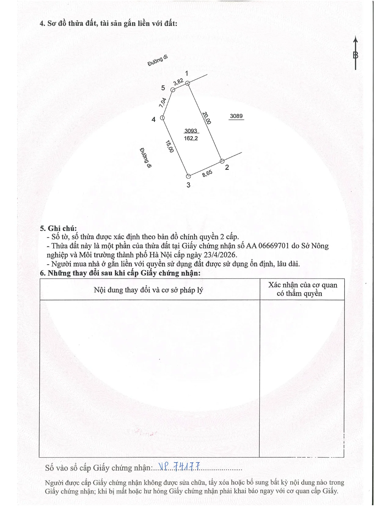 Bản scan Giấy chứng nhận quyền sử dụng đất mẫu, trang 2: sơ đồ thửa đất số 3093 diện tích 162,2 m² và phần ghi chú