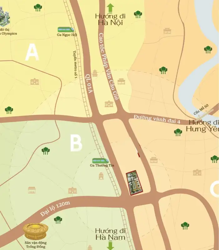 Sơ đồ minh họa vị trí NAMMON Square trên trục Quốc lộ 1A và các tuyến kết nối quanh mặt trục QL1A 90m